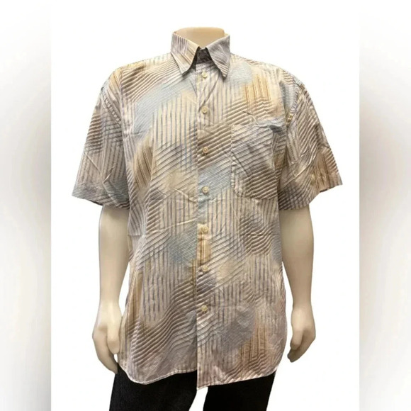 Jack Lipson 100% Cotton S/S Striped Polo Button Up Tan/Blue/White Shirt Size XL - Picture 1 of 7